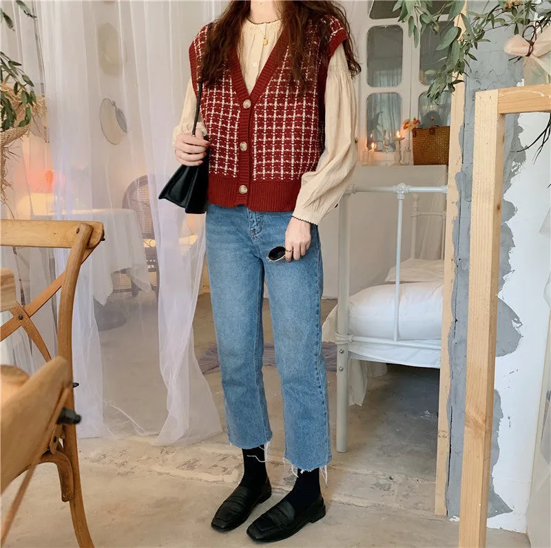 2021 spring autumn new retro vintage sweater vest top blouse loose outfit cardigan combination