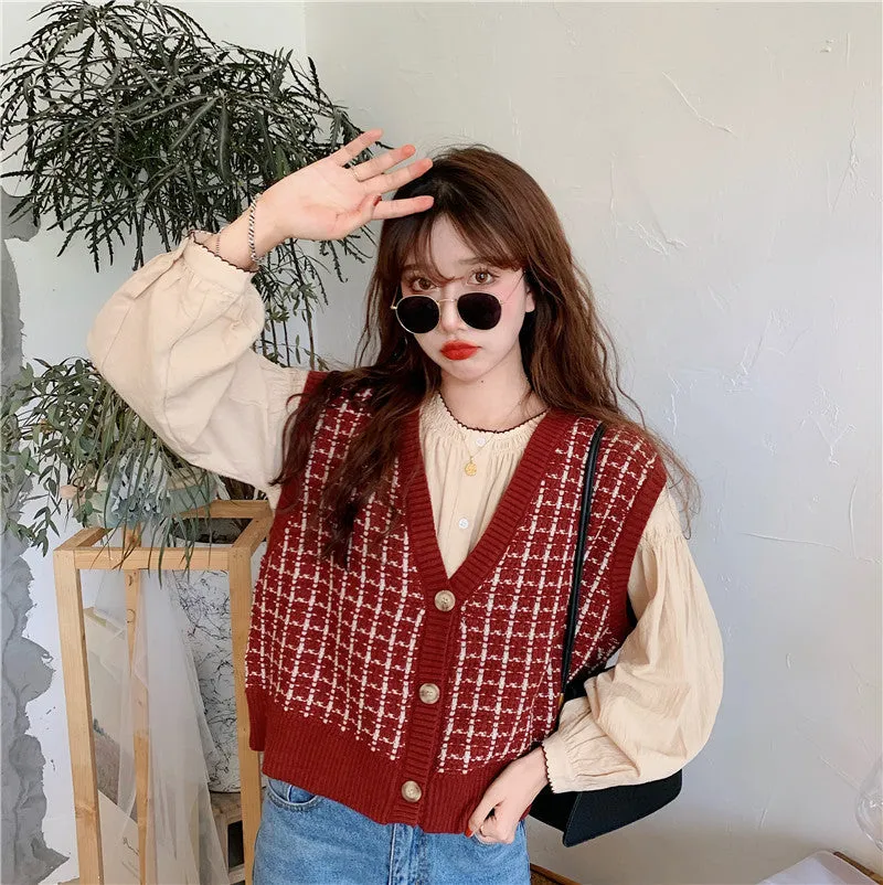 2021 spring autumn new retro vintage sweater vest top blouse loose outfit cardigan combination