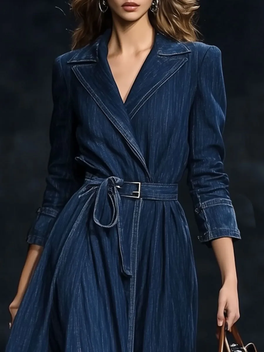 【24-hour shipping】Casual Retro Belted Denim Long Sleeve Maxi Dress Style Trench Coat