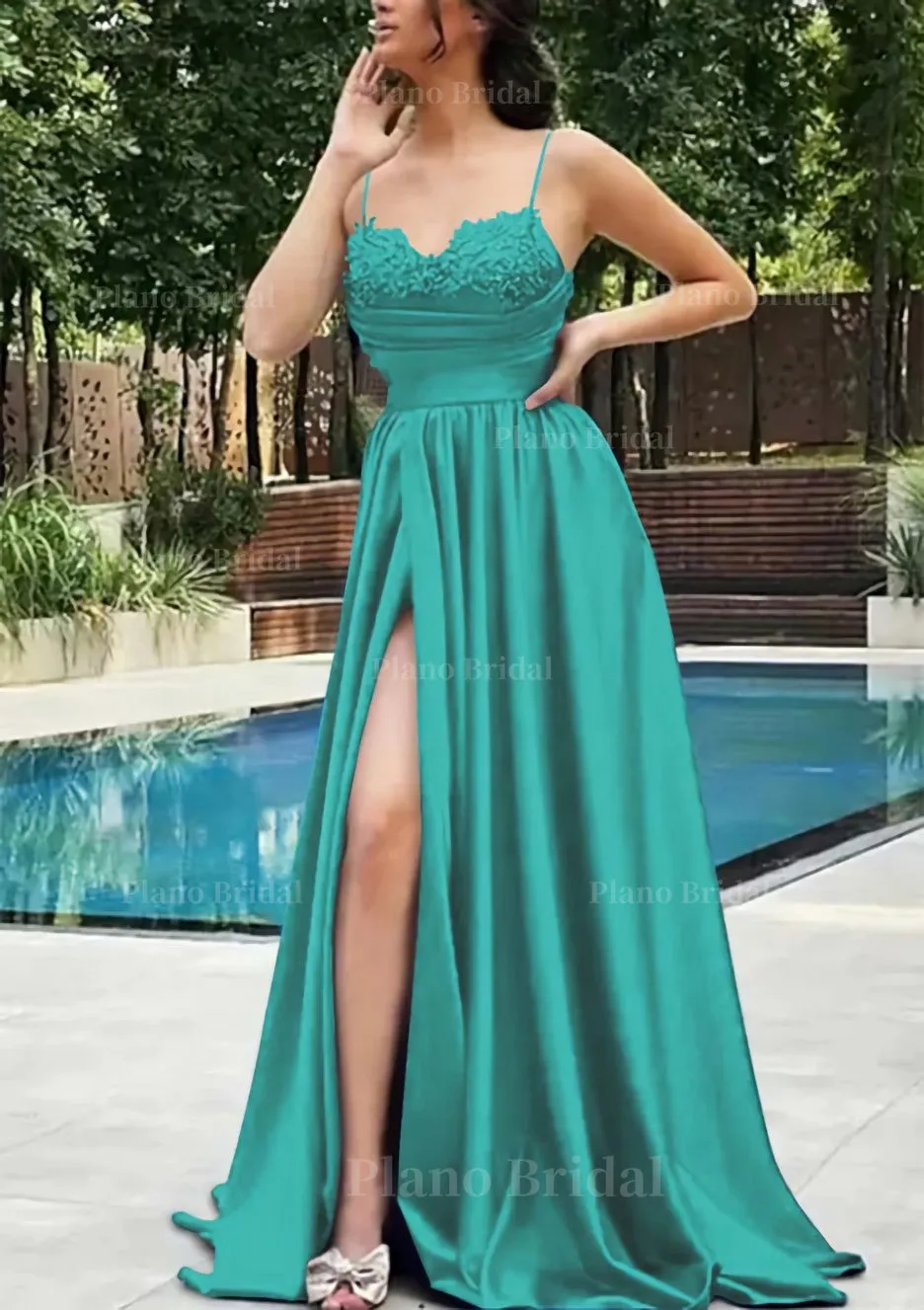 A-line V Neck Spaghetti Straps Sweep Train Satin Prom Dress With Appliqued Beading Pleated Split