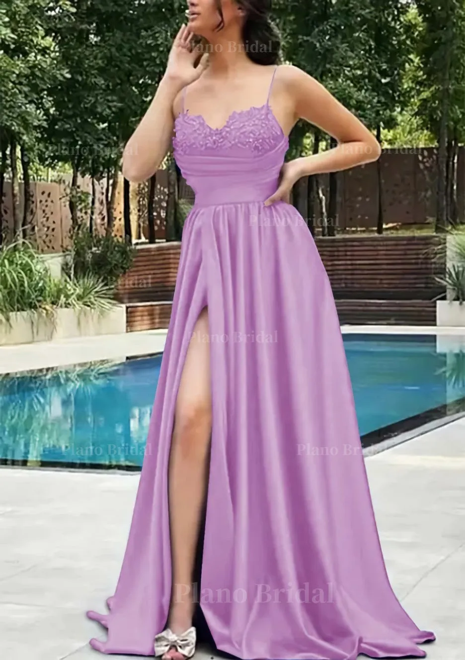 A-line V Neck Spaghetti Straps Sweep Train Satin Prom Dress With Appliqued Beading Pleated Split