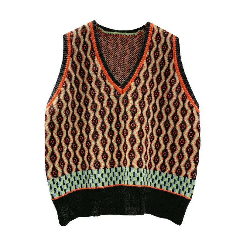 Art RETRO jacquard knitted waistcoat girl 2020 new Korean V-neck woolen vest