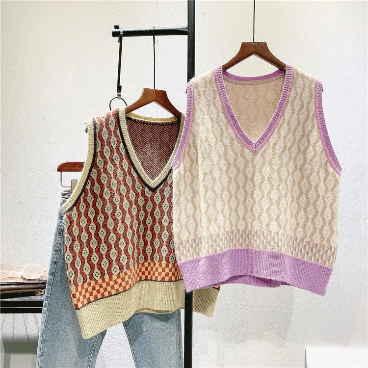 Art RETRO jacquard knitted waistcoat girl 2020 new Korean V-neck woolen vest