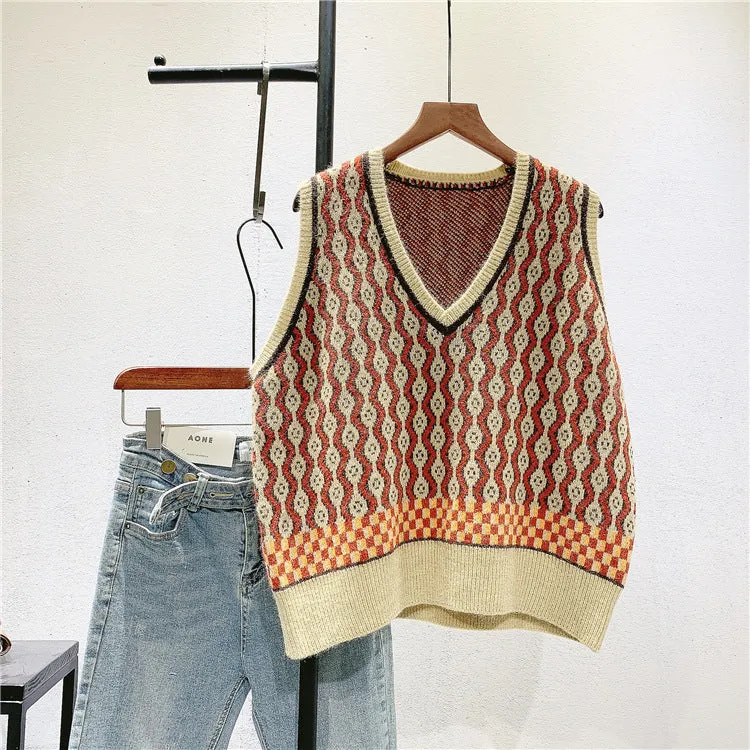 Art RETRO jacquard knitted waistcoat girl 2020 new Korean V-neck woolen vest