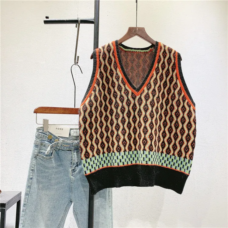 Art RETRO jacquard knitted waistcoat girl 2020 new Korean V-neck woolen vest