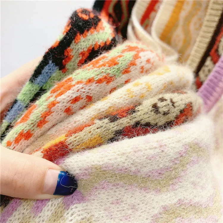 Art RETRO jacquard knitted waistcoat girl 2020 new Korean V-neck woolen vest