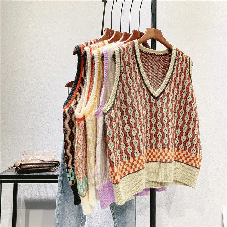 Art RETRO jacquard knitted waistcoat girl 2020 new Korean V-neck woolen vest
