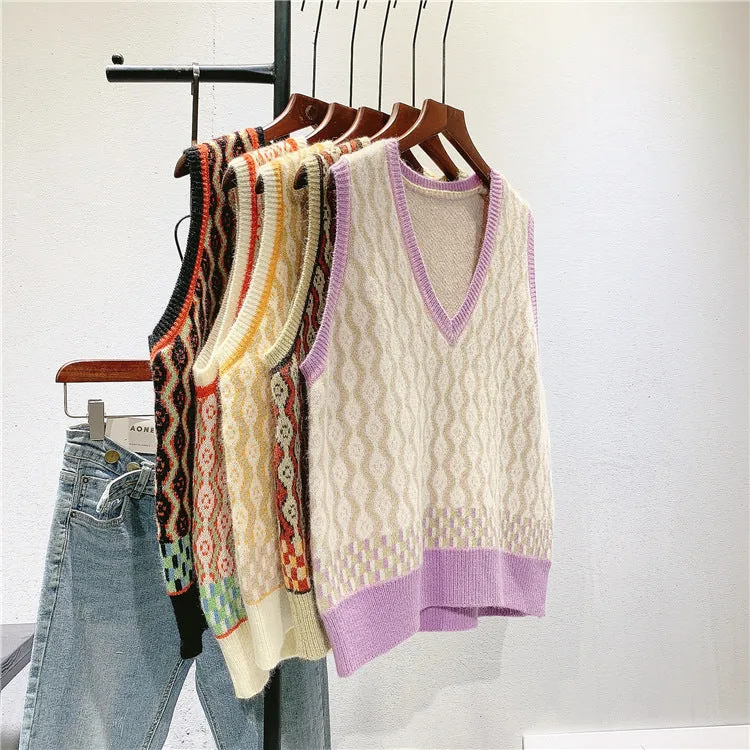 Art RETRO jacquard knitted waistcoat girl 2020 new Korean V-neck woolen vest