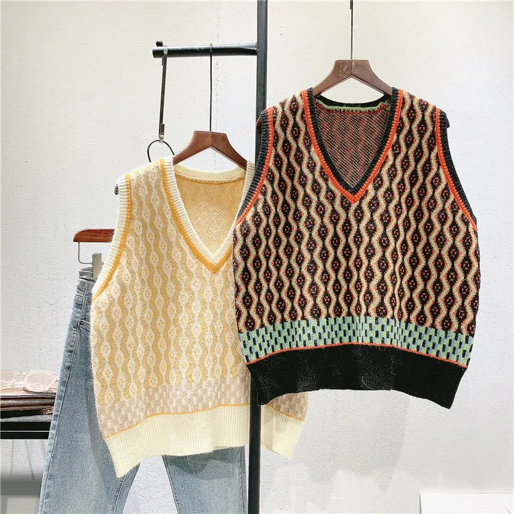 Art RETRO jacquard knitted waistcoat girl 2020 new Korean V-neck woolen vest