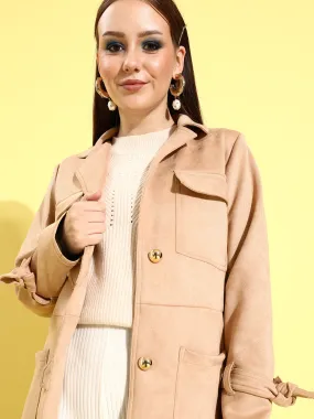 Athena Beige Suede trench coat with sleeve band and patch pocket details