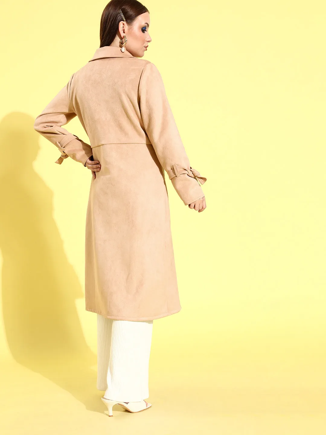 Athena Beige Suede trench coat with sleeve band and patch pocket details