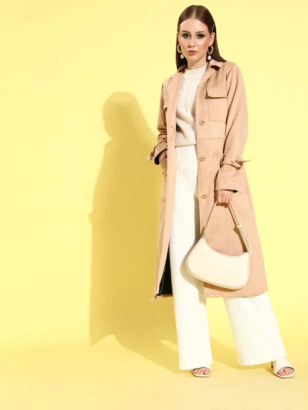 Athena Beige Suede trench coat with sleeve band and patch pocket details