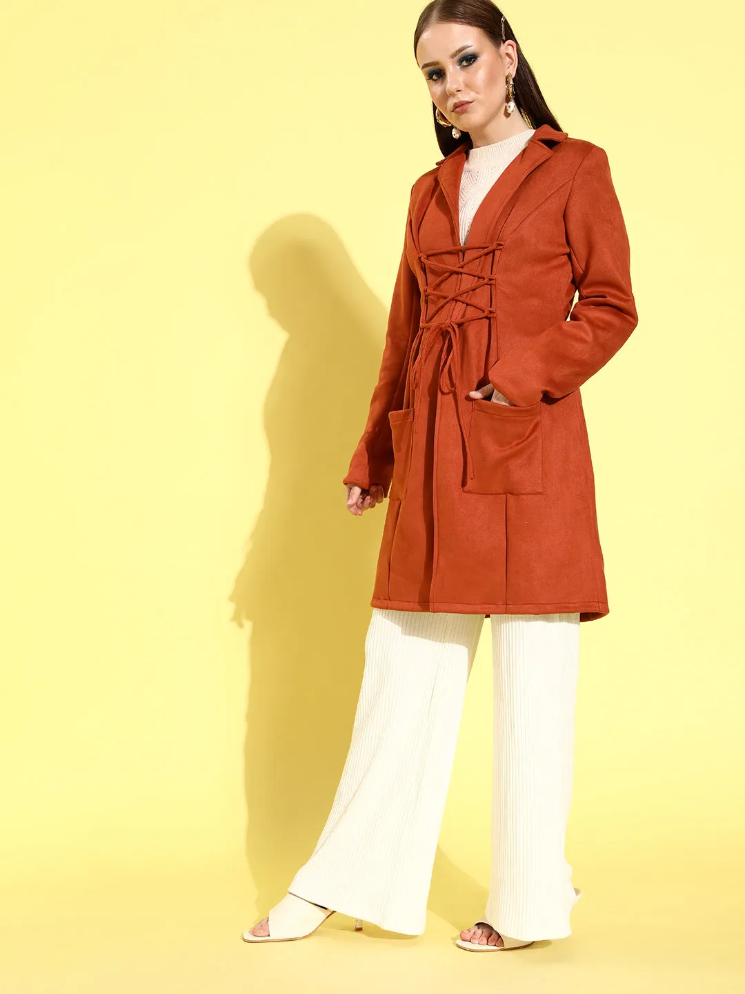 Athena Rust Suede coat with waist Draw-string and pocket details