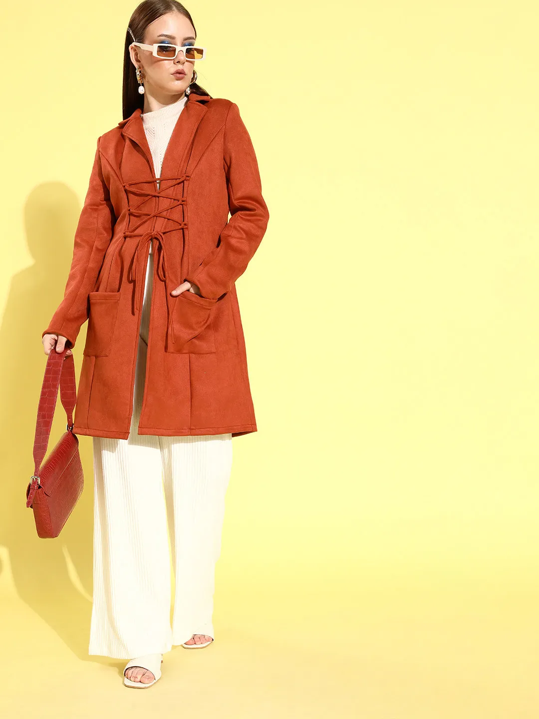 Athena Rust Suede coat with waist Draw-string and pocket details