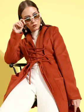 Athena Rust Suede coat with waist Draw-string and pocket details