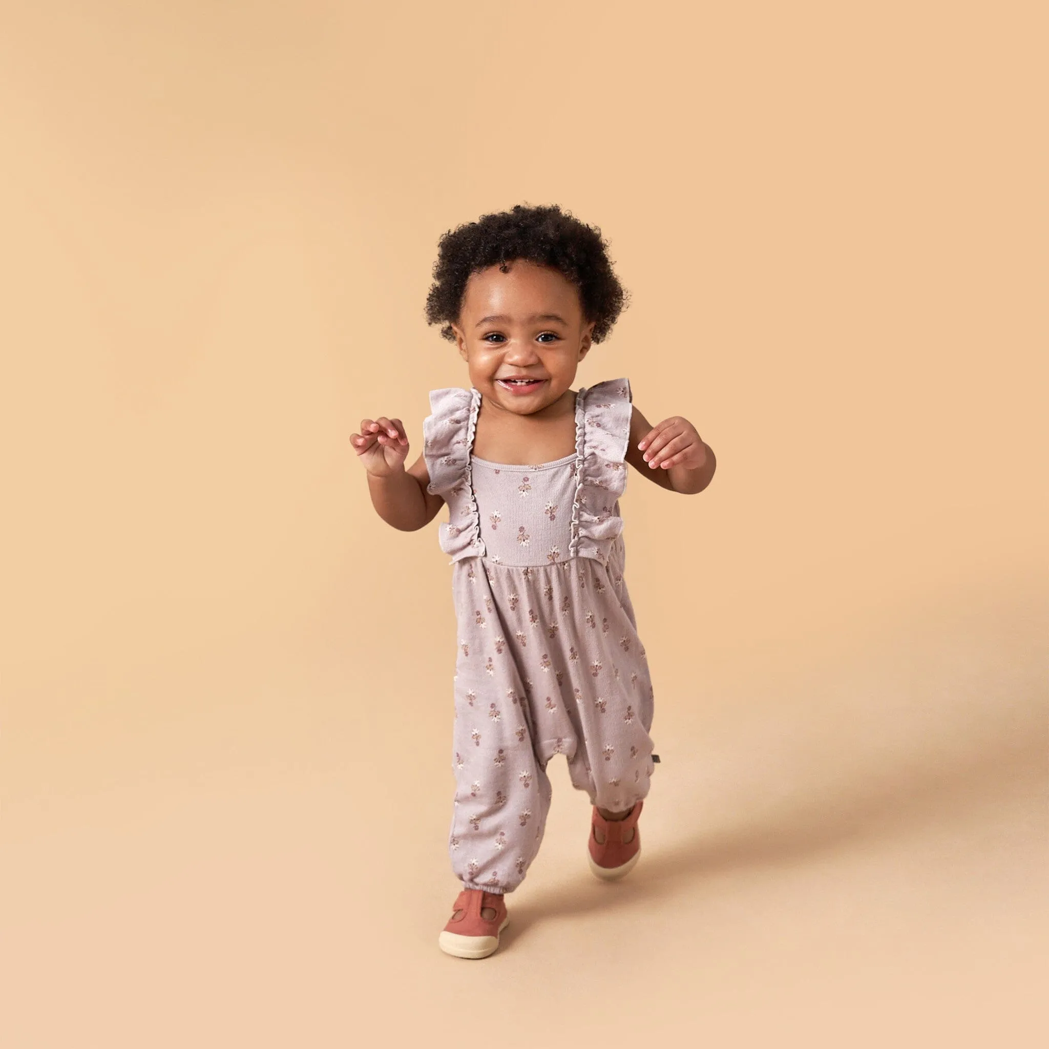 Baby Girls Lilac Stamp Fleur Ruffles Long Leg Romper