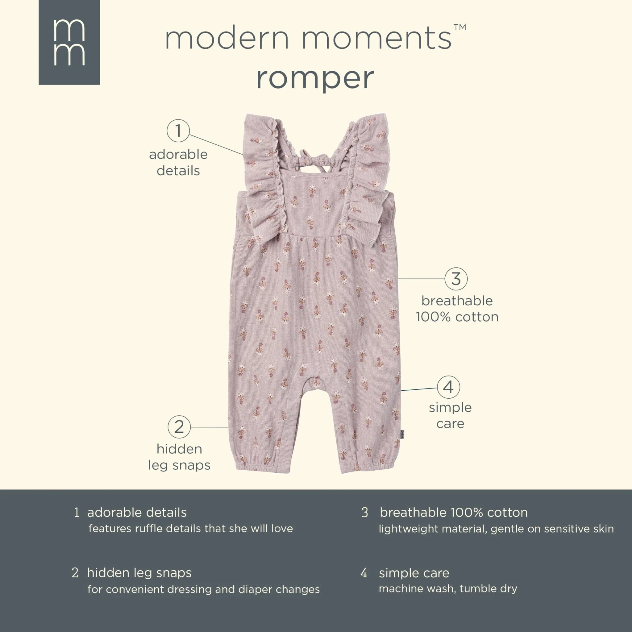 Baby Girls Lilac Stamp Fleur Ruffles Long Leg Romper