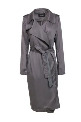 Badgley Mischka - Grey Open Front Belted Trench Coat w/ Faux Leather Trim Sz L