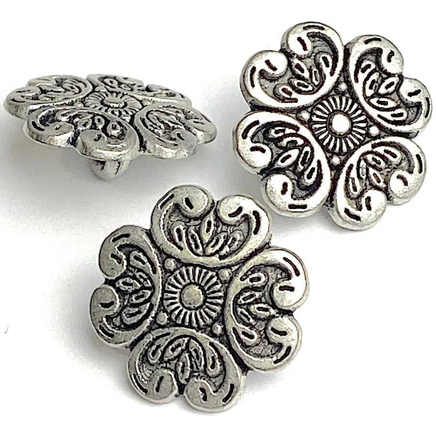 Baroque Petals, 11/16" Antique Silver Metal Button, 17mm, Italy, Shank Back  # FJ-70