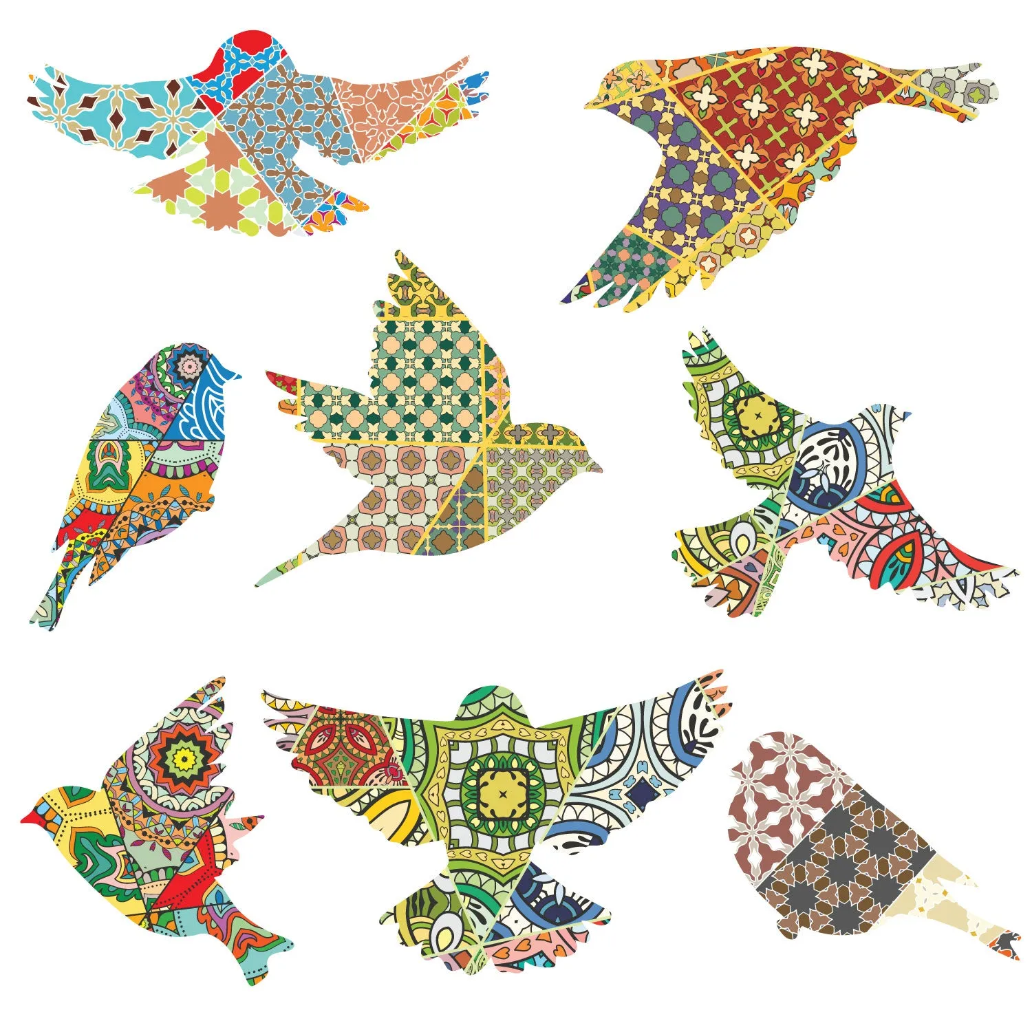 Bird Decals - Set of 8 in Patchwork Pattern