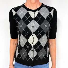 Black Grey Argyle Cashmere Short Sleeve Cardigan Medium