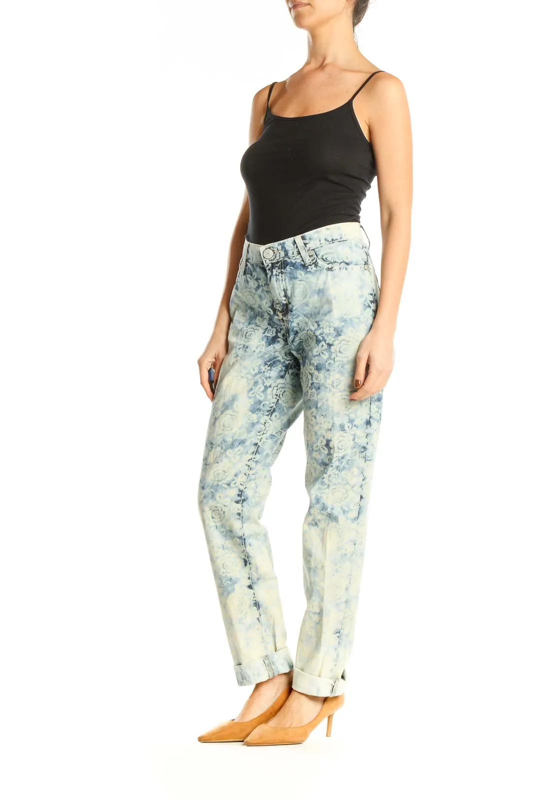 Blue Acid Wash Printed Straight Leg Jeans
