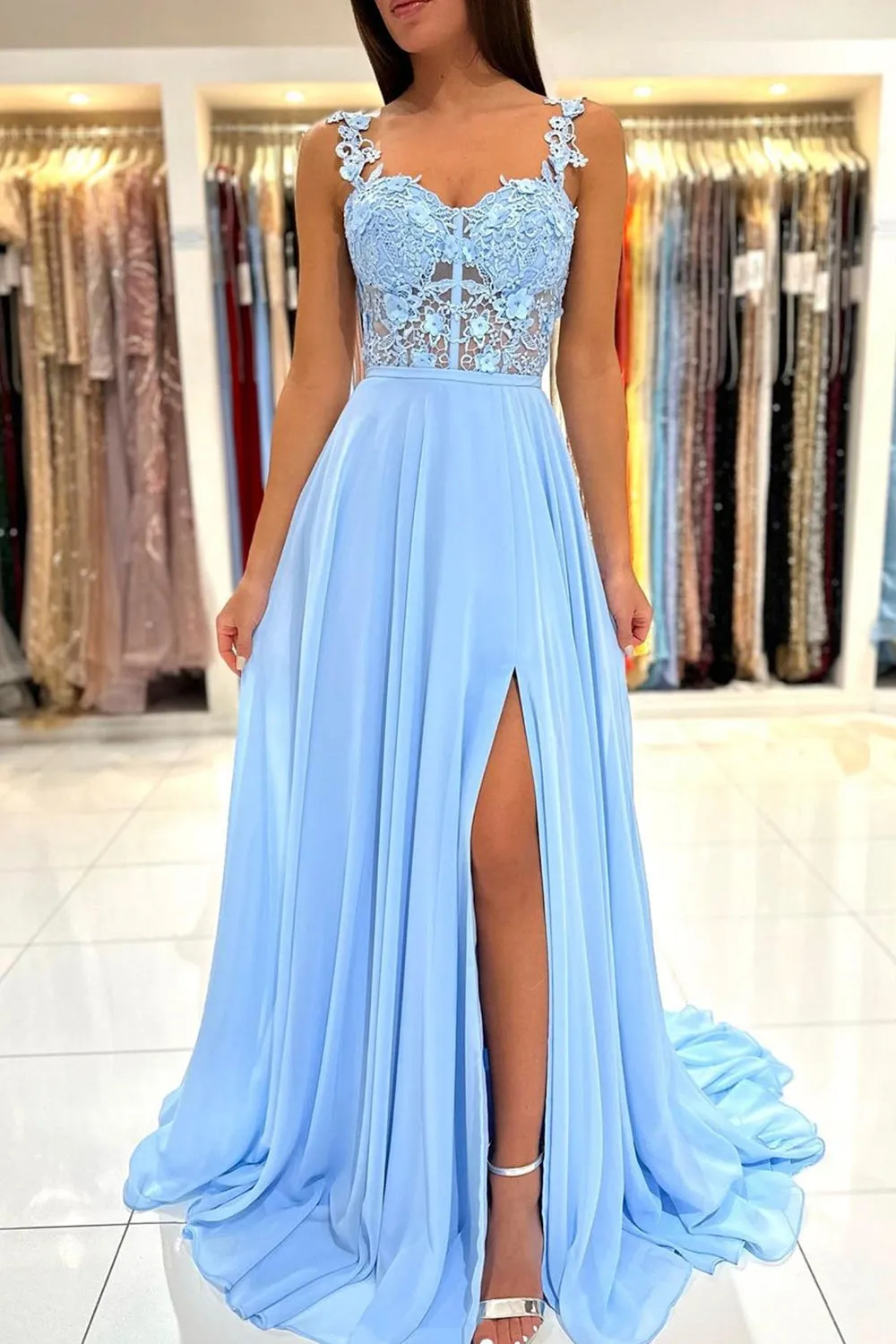Blue Chiffon Lace Long Prom Dress, A-Line Evening Dress