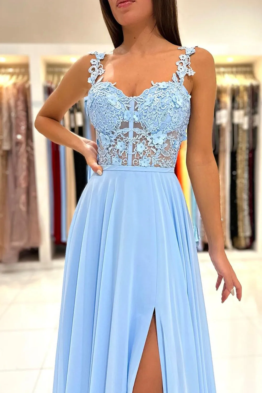 Blue Chiffon Lace Long Prom Dress, A-Line Evening Dress