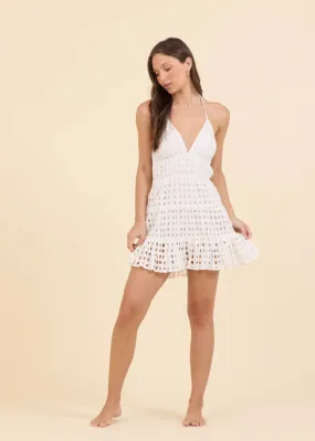 Box Eyelet Halter Dress-White
