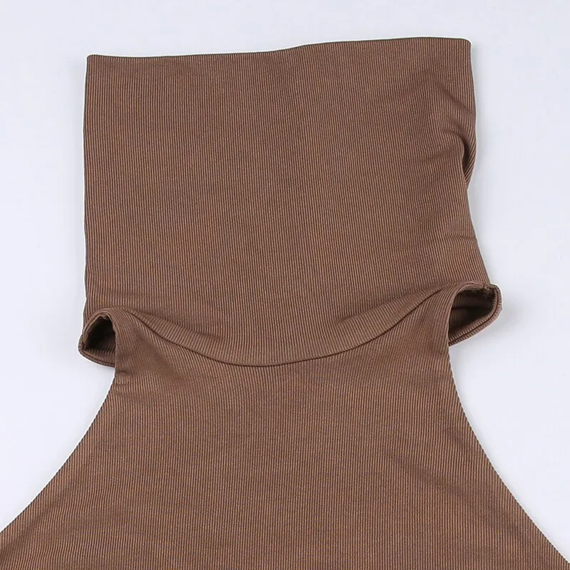 Brown Knitted Slim Backless Split Tank