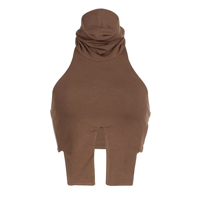 Brown Knitted Slim Backless Split Tank