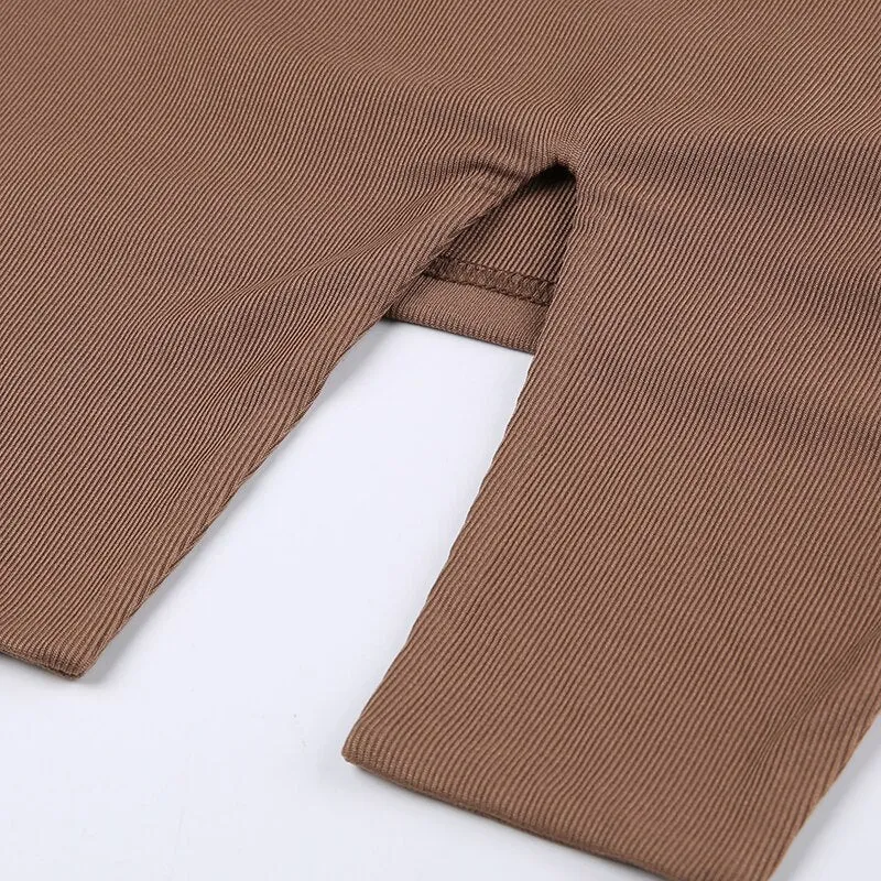 Brown Knitted Slim Backless Split Tank