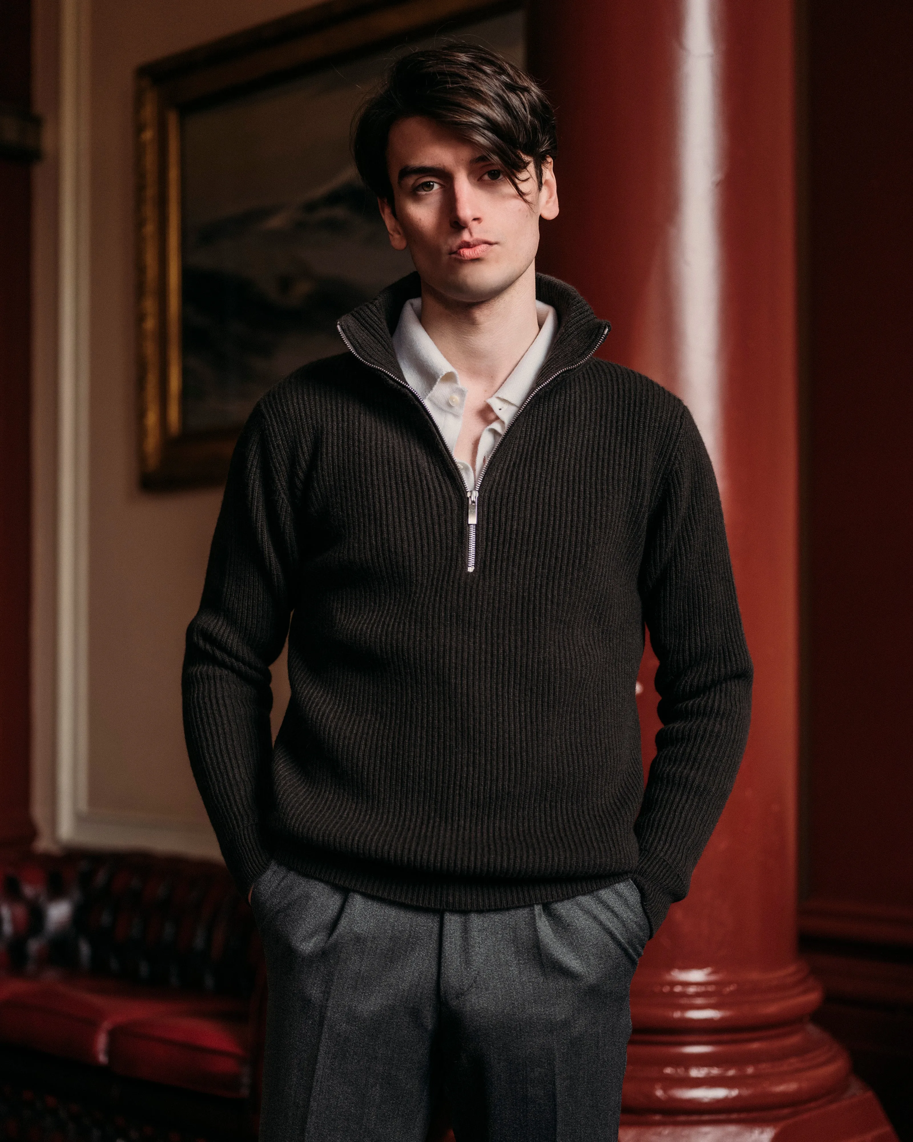 Cashmere alpine half zip sweater in dark olive