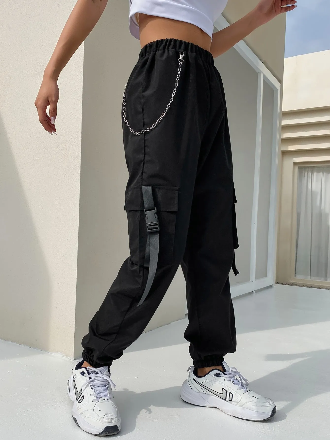 Casual Plain Tape High Waist Long Women Pants
