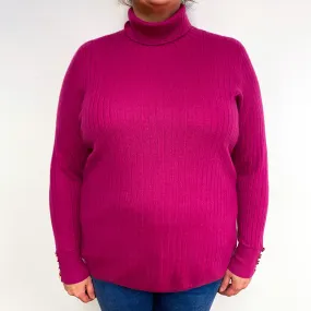 Cherry Pink Rib Cashmere Polo Neck Jumper Extra Large