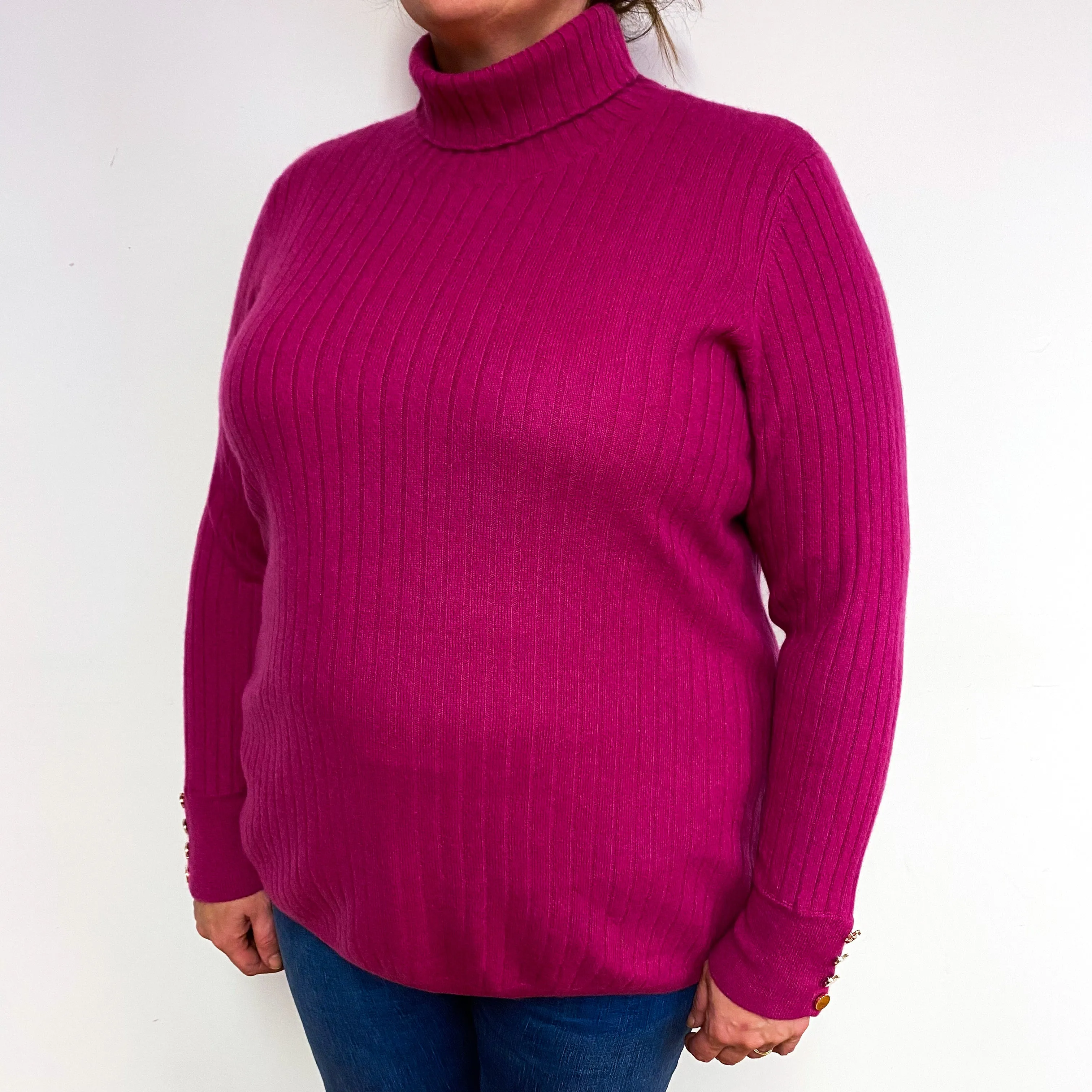 Cherry Pink Rib Cashmere Polo Neck Jumper Extra Large