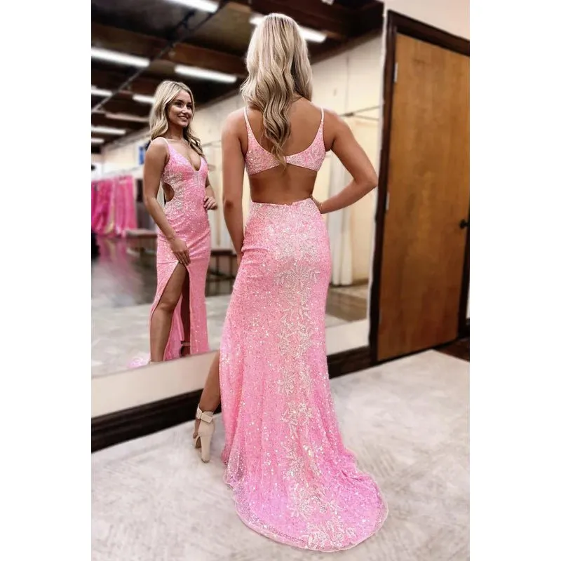 Chic & Modern Spaghetti Straps V-neck Backless Slit Sheath Sequins Prom Dress
