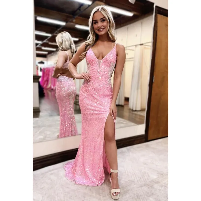 Chic & Modern Spaghetti Straps V-neck Backless Slit Sheath Sequins Prom Dress