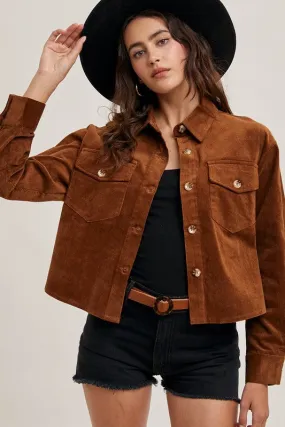 ^Corduroy Cropped Button Down Jacket - Camel