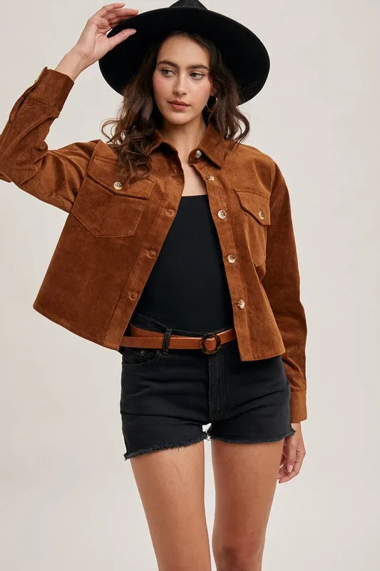^Corduroy Cropped Button Down Jacket - Camel
