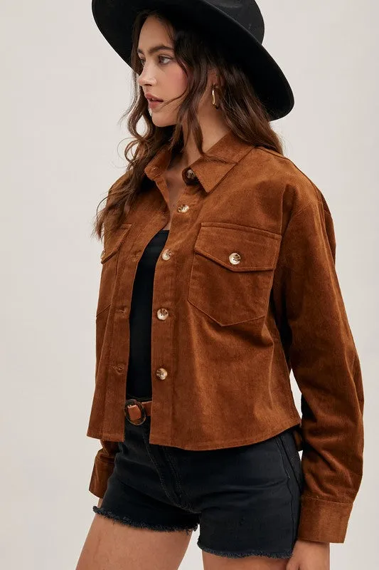 ^Corduroy Cropped Button Down Jacket - Camel