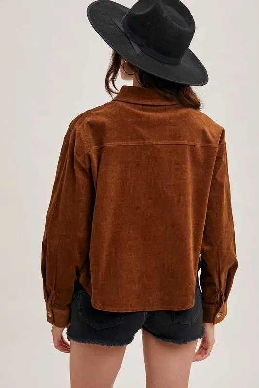 ^Corduroy Cropped Button Down Jacket - Camel