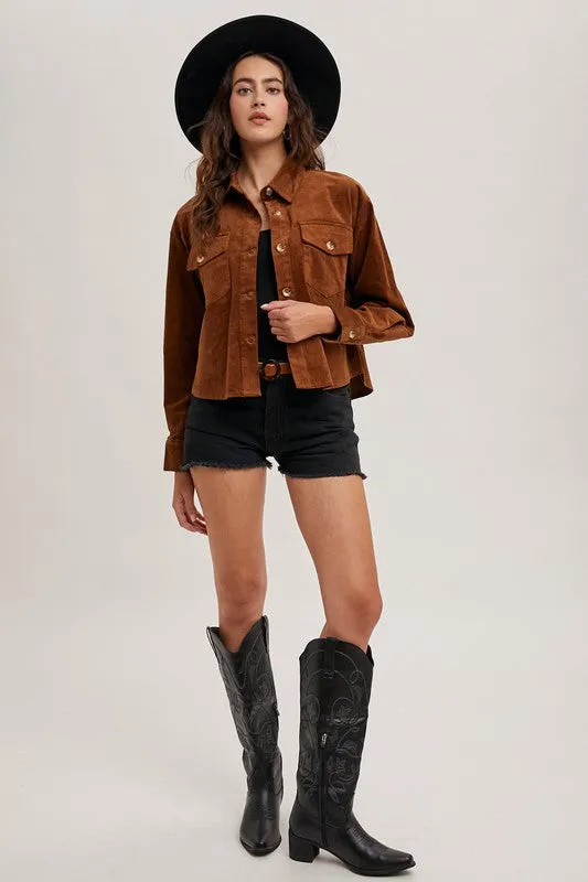^Corduroy Cropped Button Down Jacket - Camel