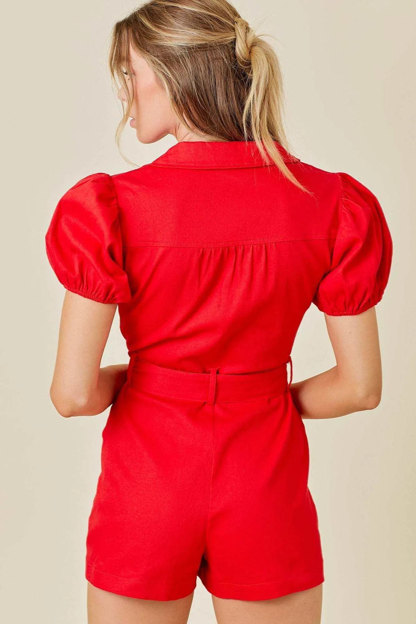 Daisy red denim romper zipdown with puff sleeves