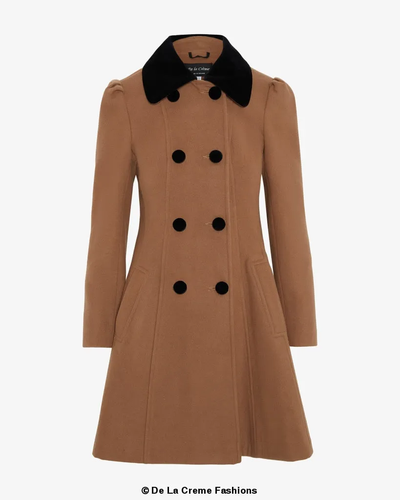 De La Creme Womens Double Breasted Velvet Trim Skater Coat