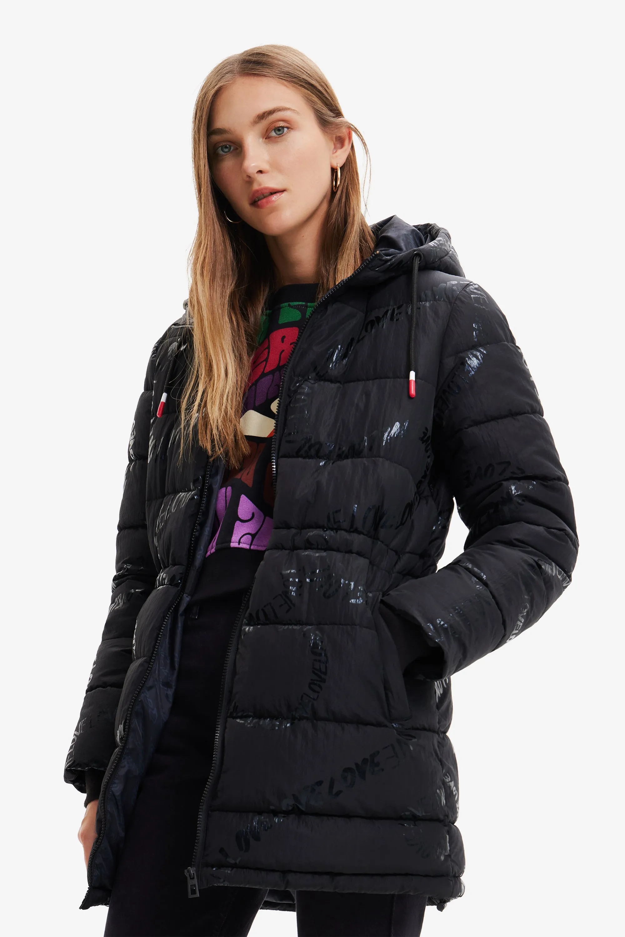 Desigual Padded Aarhus Coat 22WWEW30 Hip Length Blue Black Metallic