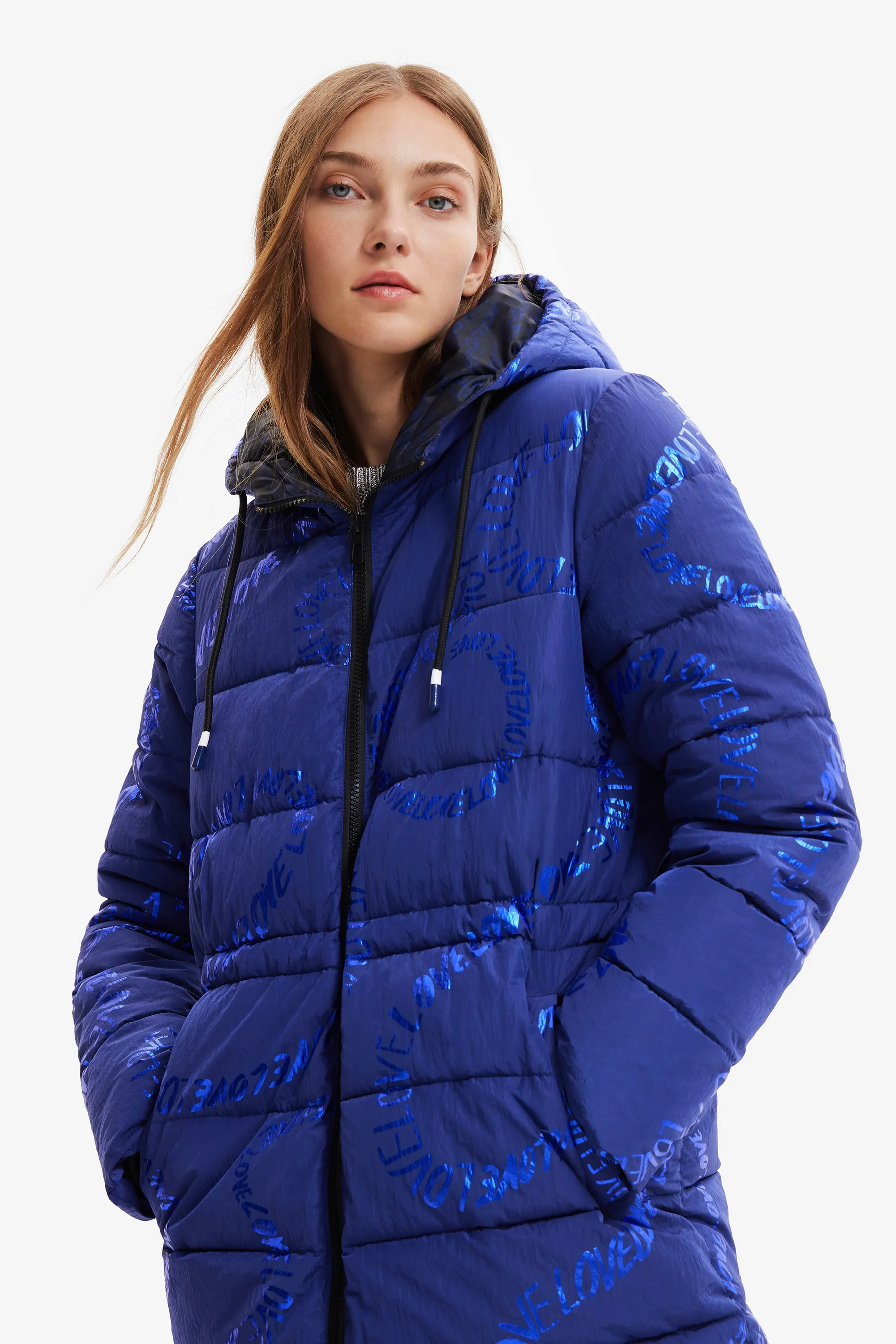 Desigual Padded Aarhus Coat 22WWEW30 Hip Length Blue Black Metallic