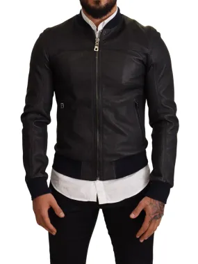 Dolce & Gabbana Blue Leather Full Zip Bomber Men Jacket