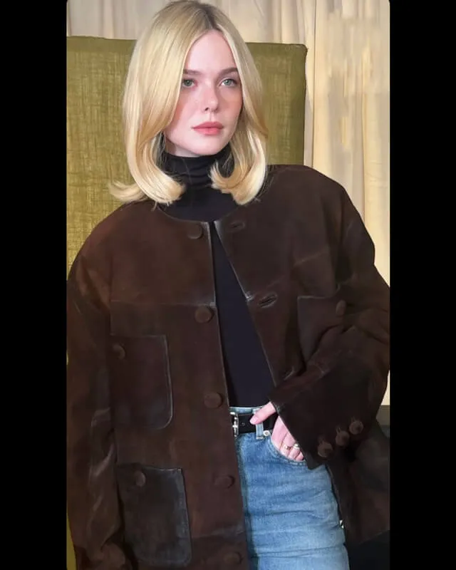 Elle Fanning Brown Suede Coat