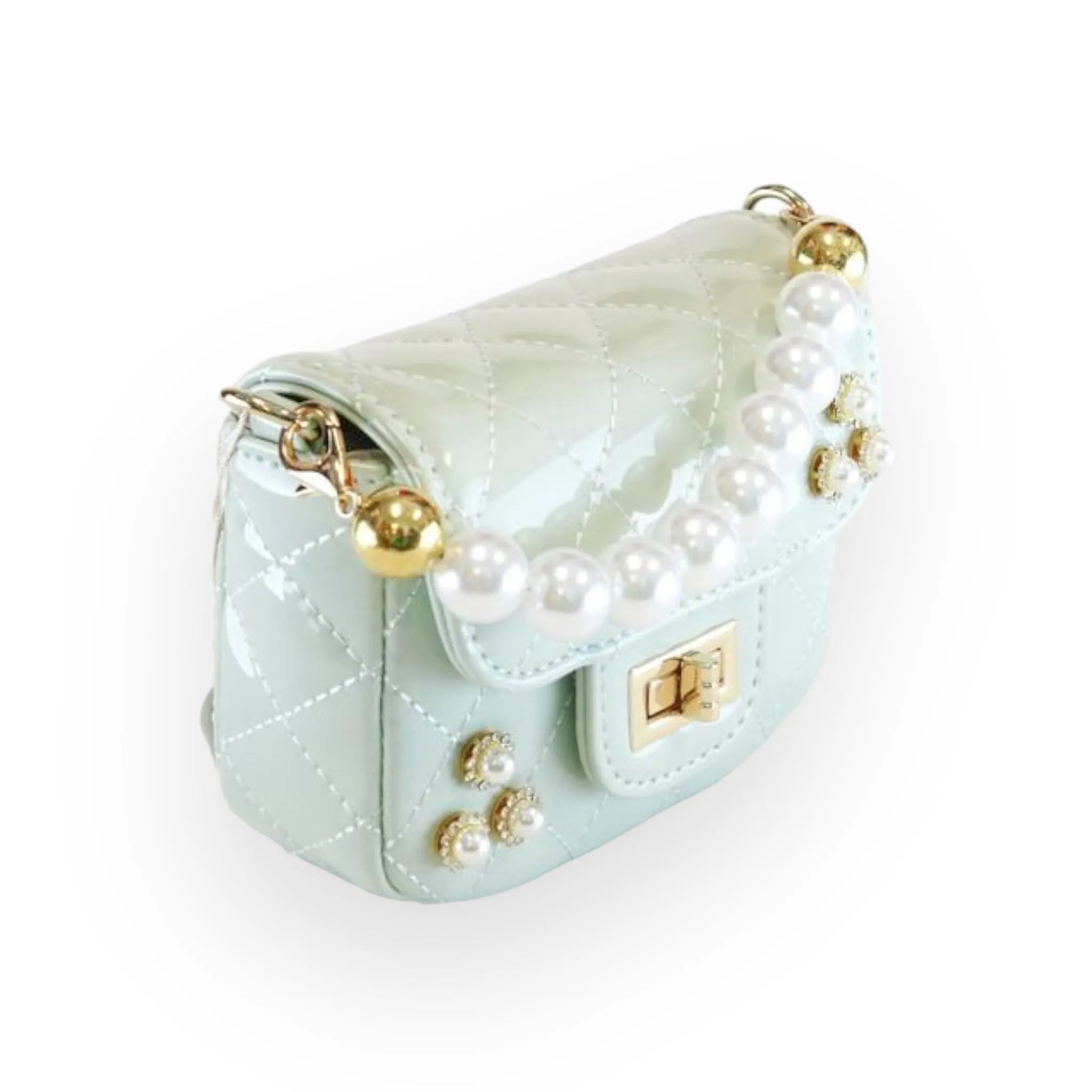 Embellished Patent Quilted Purse - Green